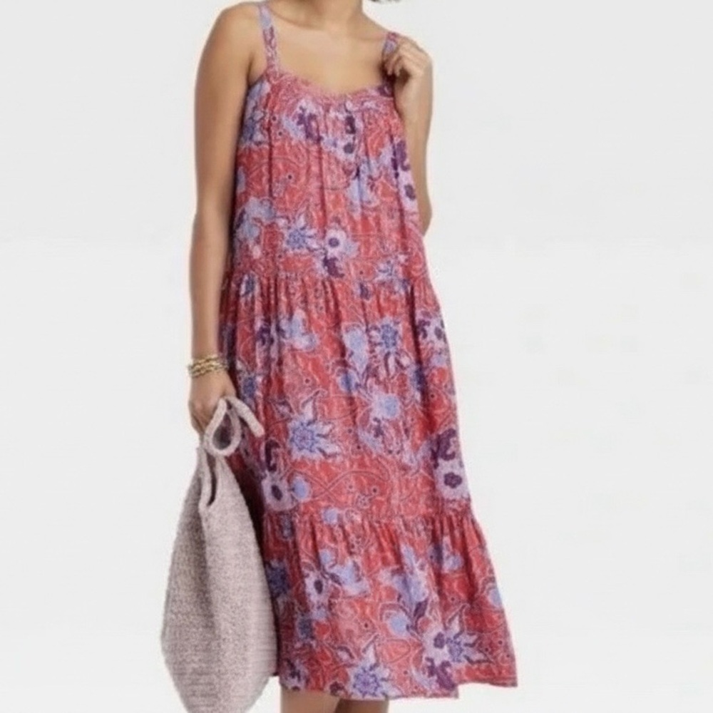 Knox Rose Red Floral Print Tiered Midi Sleeveless Midi Sundress Size Small EUC